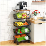Gsiekare Fruit Vegetable Basket for Kitchen, 5 Tier Stackable Fruit Vegetable Storage Baskets with Wheels, Metal Wire Storage Basket Organizer Baskets for Kitchen, Pantry, Bathroom Gsiekare