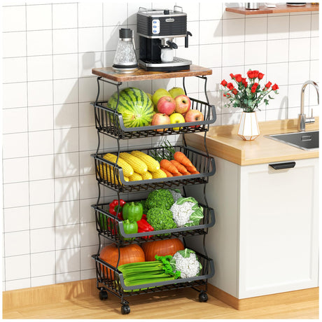 Gsiekare Fruit Vegetable Basket for Kitchen, 5 Tier Stackable Fruit Vegetable Storage Baskets with Wheels, Metal Wire Storage Basket Organizer Baskets for Kitchen, Pantry, Bathroom Gsiekare