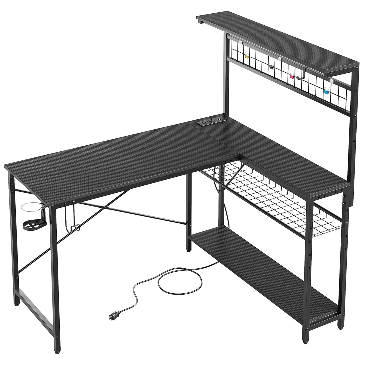 Bestier L Shaped Gaming Desk with Power Outlets, 51 inch Large LED Computer Desk Reversible Corner Desk with 4 Tiers Storage Shelves, Gamer Desk with Headset Hooks and Cup Holder, Carbon Fiber Black Bestier