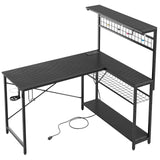 Bestier L Shaped Gaming Desk with Power Outlets, 51 inch Large LED Computer Desk Reversible Corner Desk with 4 Tiers Storage Shelves, Gamer Desk with Headset Hooks and Cup Holder, Carbon Fiber Black Bestier