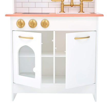 Teamson Kids Little Chef Boston Compact Farmhouse Interactive Wooden Play Kitchen with Sink, Oven, Microwave and Storage Space for Easy Clean Up, White with Gold Finishes - WoodArtSupply