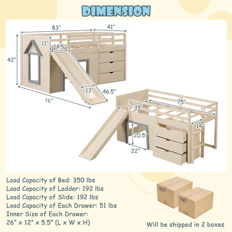 KOMFOTT Twin Low Loft Bed with 3 Storage Drawers & Underneath House, Wood Loft Bed with Slide, Ladder, Guardrails & Under-Bed Play Space, Kids Twin Loft Bed for Girls & Boys, No Box Spring Needed KOMFOTT