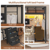 UPOSOJA Loft Bed Twin Size with L Shape Desk,4 Drawers,3-Tier Storage Shelves Metal Loft Bed Frame with Power Outlet and LED Lighted,No Box Spring Needed,Space-Saving,Noise Free,Black UPOSOJA