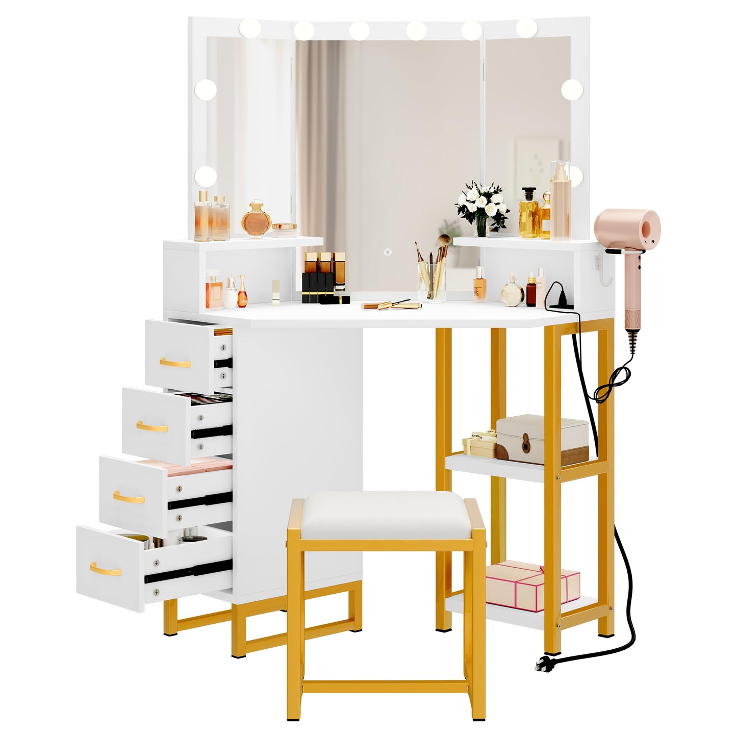 YITAHOME Vanity Desk with Lights, Power Outlet, 3 Color Options, Storage Drawers, Shelves, Stool - White - WoodArtSupply