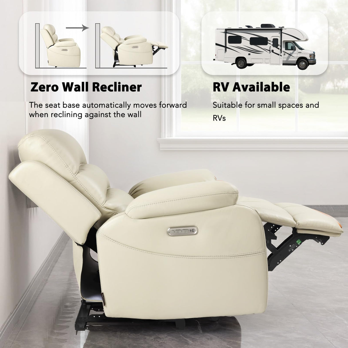 EONIX Real Zero Clearance Wall Hugger Recliners, Power RV Recliner Chairs for Small Spaces, Dual Motor Home Theater Recliners with Massage and Heat, SXXY003992, Cream White EONIX