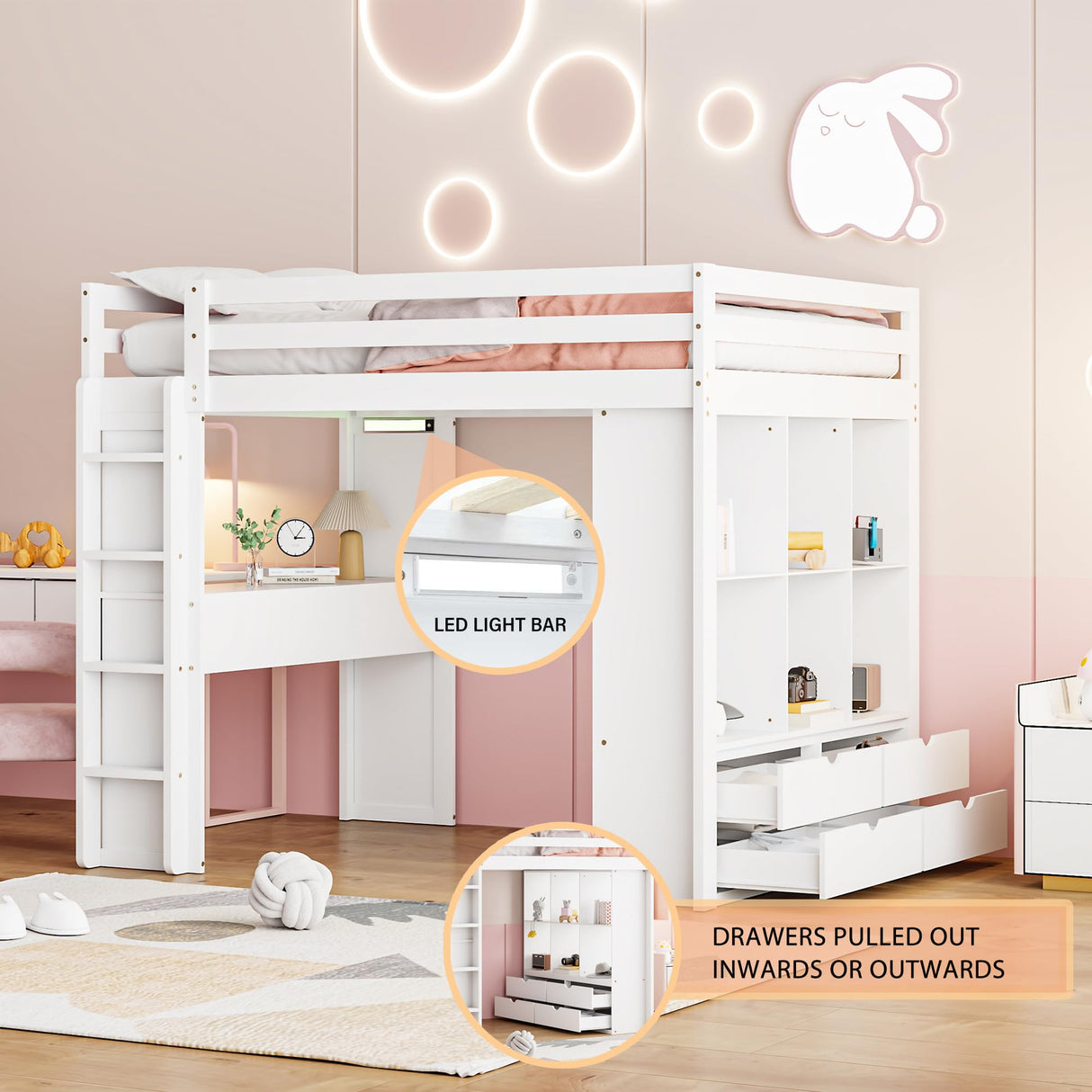 Harper & Bright Designs Full Size Loft Bed with Desk & Storage Shelves, Wood Loft Bed Full Size with LED Lights, Hight Loft Bed Frame for Kids,Boys,Girls,Teens, White Harper & Bright Designs