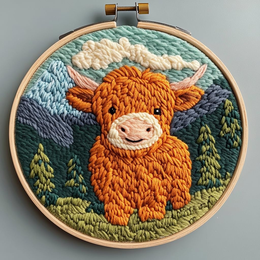 DIY Punch Needle Kits for Beginners Cute Cartoon Highland Cow with Mountain with Hoop Embroidery Punch Needle Starter Craft Set Easy for Adults and Children Festival Gift and Decoration 20x20cm-1 Generic