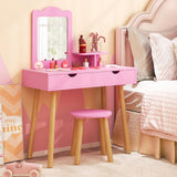 Costzon Kids Vanity Set, Girls Vanity Set with Mirror and Stool, 2 Large Drawers, Storage Shelf, Wooden Princess Makeup Dressing Table, Pretend Play Vanity Table and Chair Set for Toddlers (Pink) Costzon