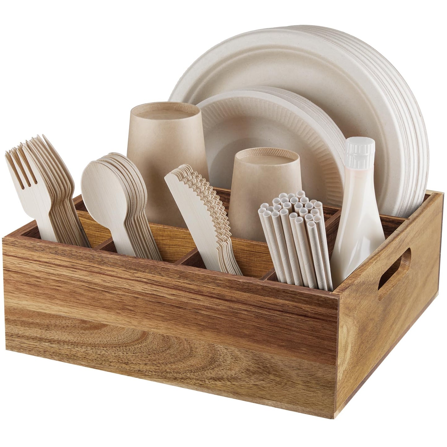 ALELION Acacia Wood Utensil Holder for Party - Paper Plate Organizer for Countertop - Silverware Caddy with 6 Compartments for Plate, Cup, Fork, Spoon - Cutlery Holder for Kitchen Camping Buffet