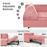 Convertible Sofa Bed 4-in-1 Velvet Sleeper Sofa Chair Bed Pull Out Futon Couch Bed with USB Ports 5 Adjustable Backrest and Pillow Fold Out Ottoman Bed loveseat Sofa for Adults Living Room, Pink FiveWillowise