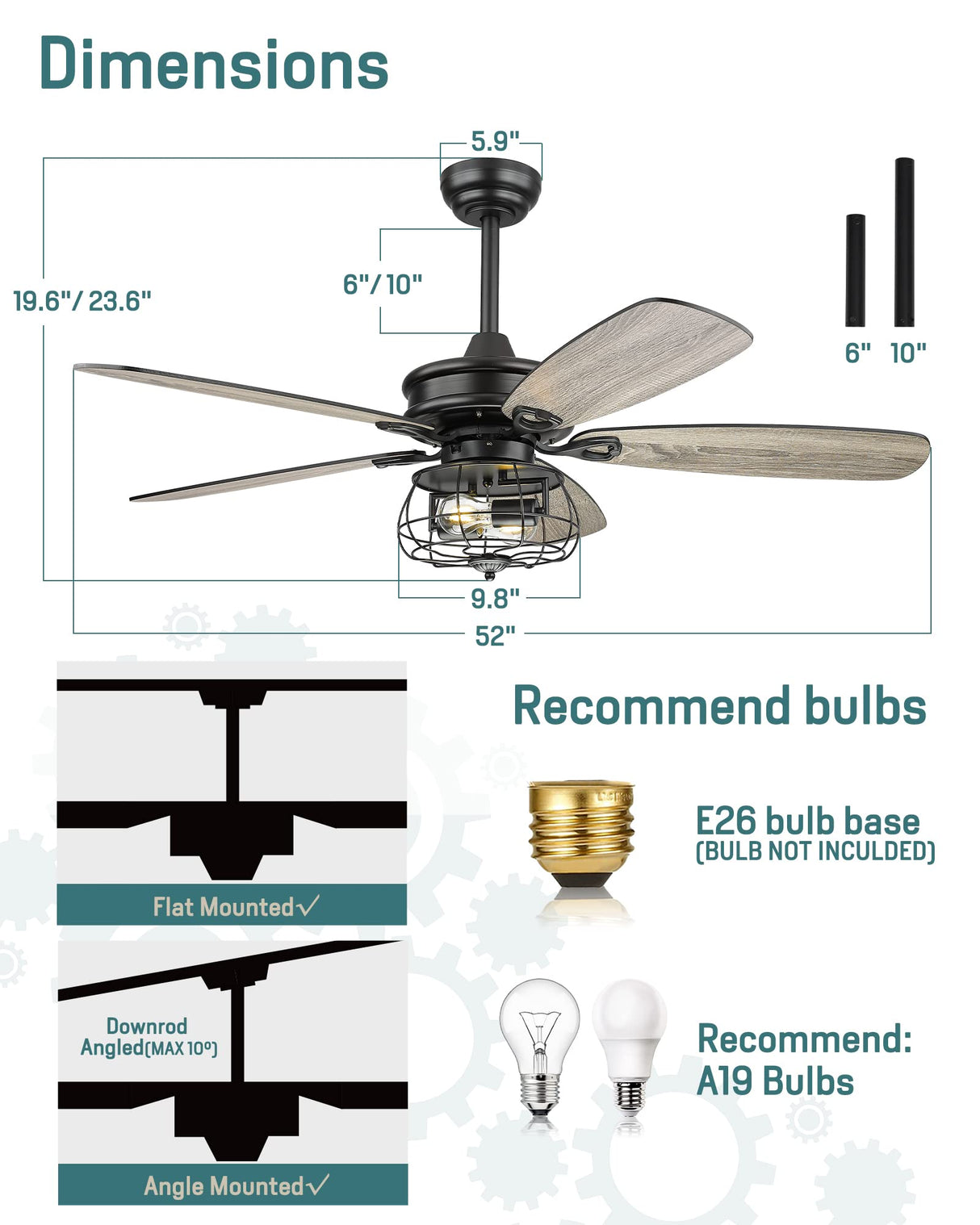 Farmhouse Ceiling Fan, 52Inch Ceiling Fans with Lights and Remote Control, Rustic Barnwood Blades, Industrial Cage Light, Matte Black, MK03-BK Melkelen