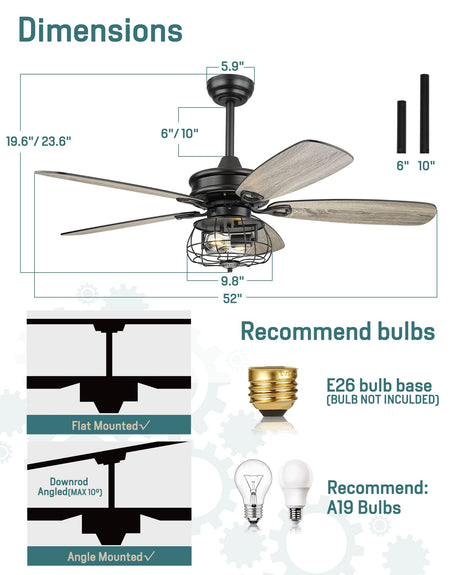 Farmhouse Ceiling Fan, 52Inch Ceiling Fans with Lights and Remote Control, Rustic Barnwood Blades, Industrial Cage Light, Matte Black, MK03-BK Melkelen