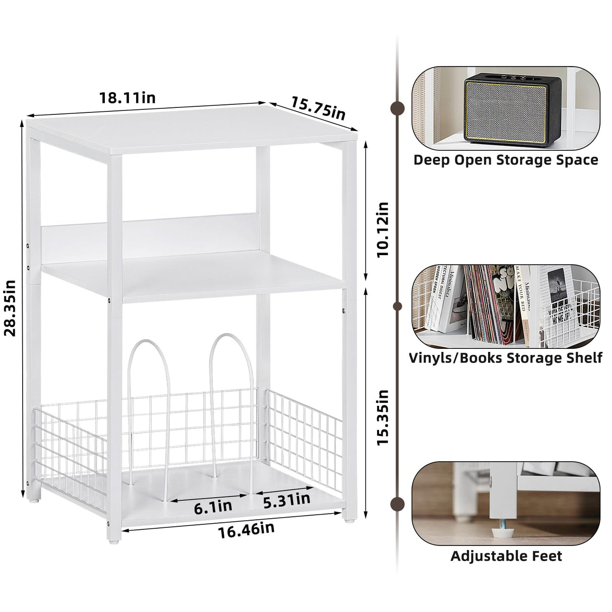 LELELINKY Large White Record Player Stand, 3 Tier Big End Table with Vinyl Storage, Turntable Stand, Industrial Printer Tables, Modern Nightstand for Living Room, Bedroom, Office LELELINKY