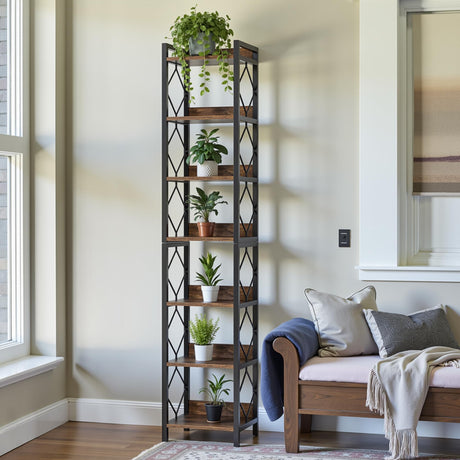 NicBex Corner Shelf Stand Industrial 78" Freestanding 7-Tier Tall Narrow Bookshelf Metal Frame Display Shelf with Elegant Railing Design for Home Office, Bedroom, and Living Room, Chestnut NicBex