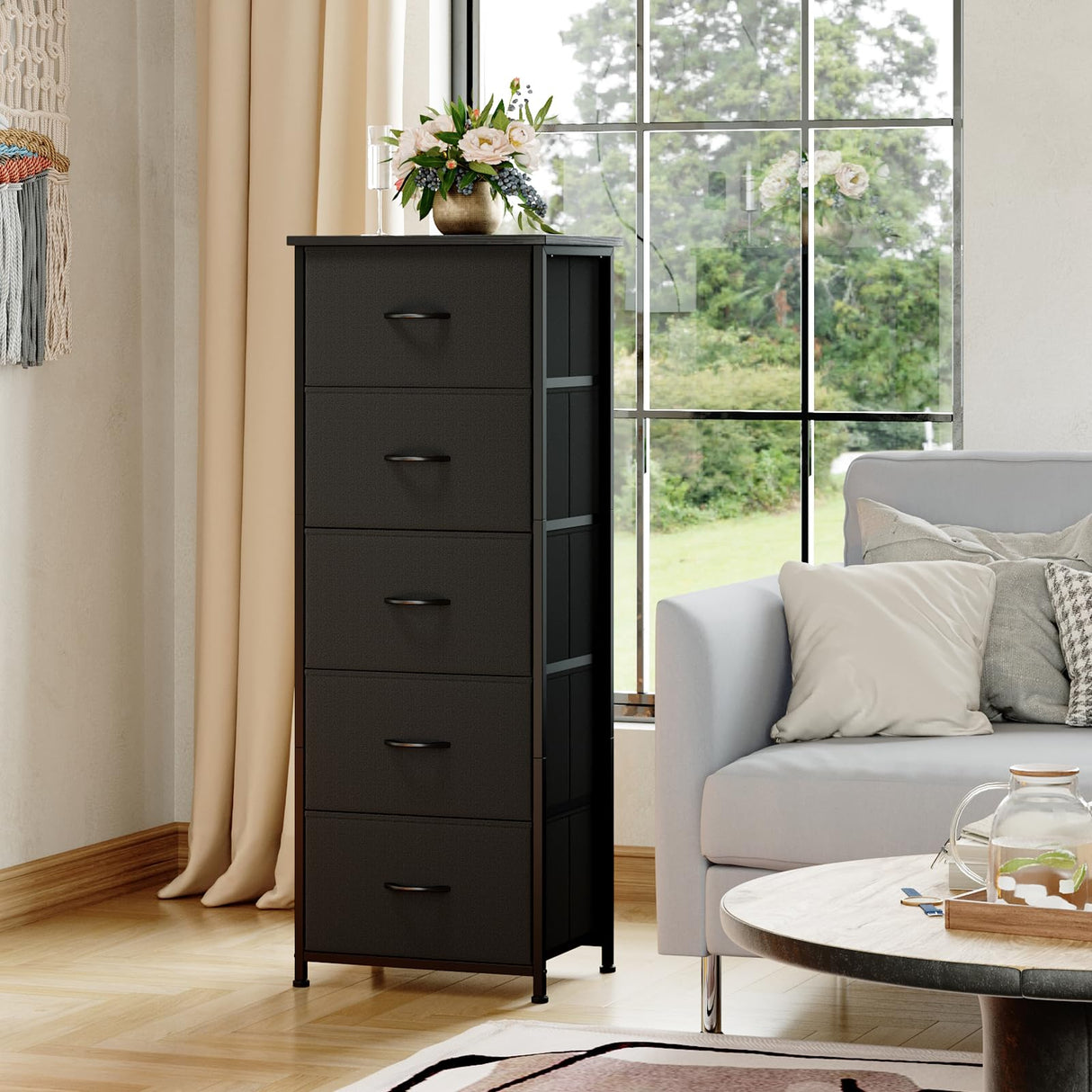 Somdot Tall Dresser for Bedroom with 5 Drawers, Storage Organizer Chest of Drawers with Removable Fabric Bins for Closet Bedside Living Room Laundry Entryway Hallway, Black Somdot