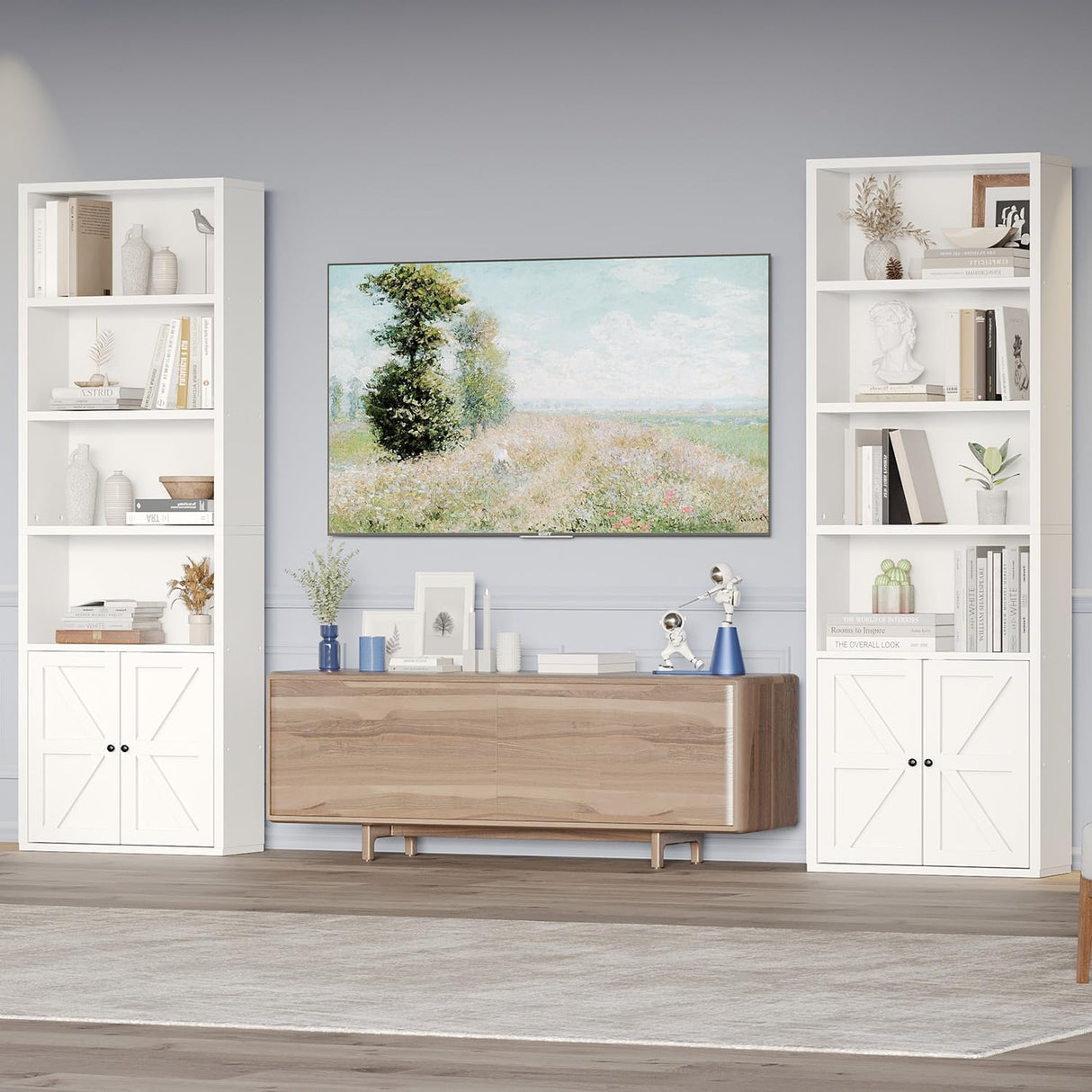 oneinmil 6 Tier Bookshelves and Bookcase with Doors Industrial Set of 2 Double Wide Floor Standing Book Shelf 71" Tall Display Shelves Bookshelf with Storage Cabinets for Living Room White oneinmil