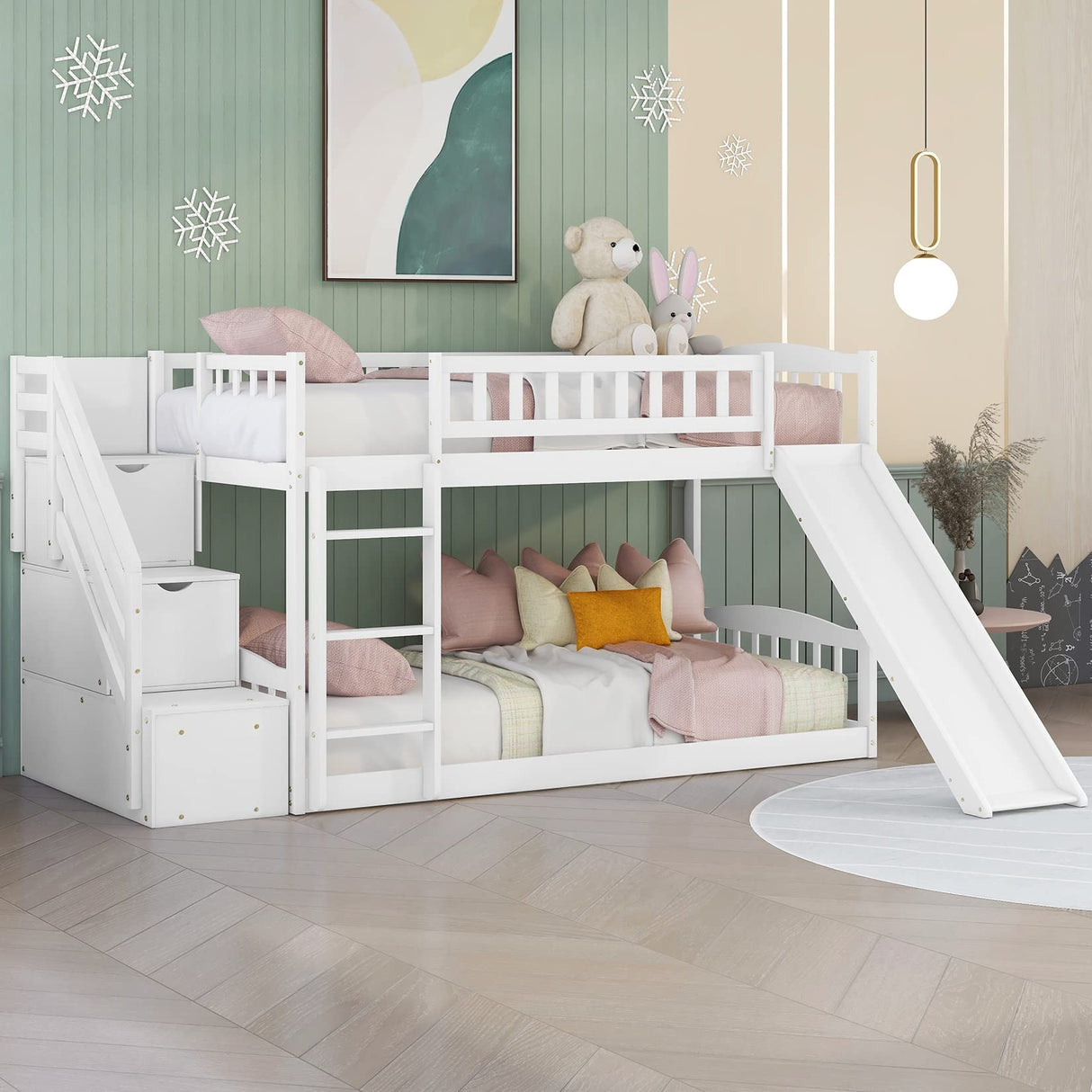 Bunk Beds with Slide Twin Over Twin Low Bunk Bed Frame with Storage Drawers Stairway Wood Bunk Bed for Kids Boys Girls, White Bellemave
