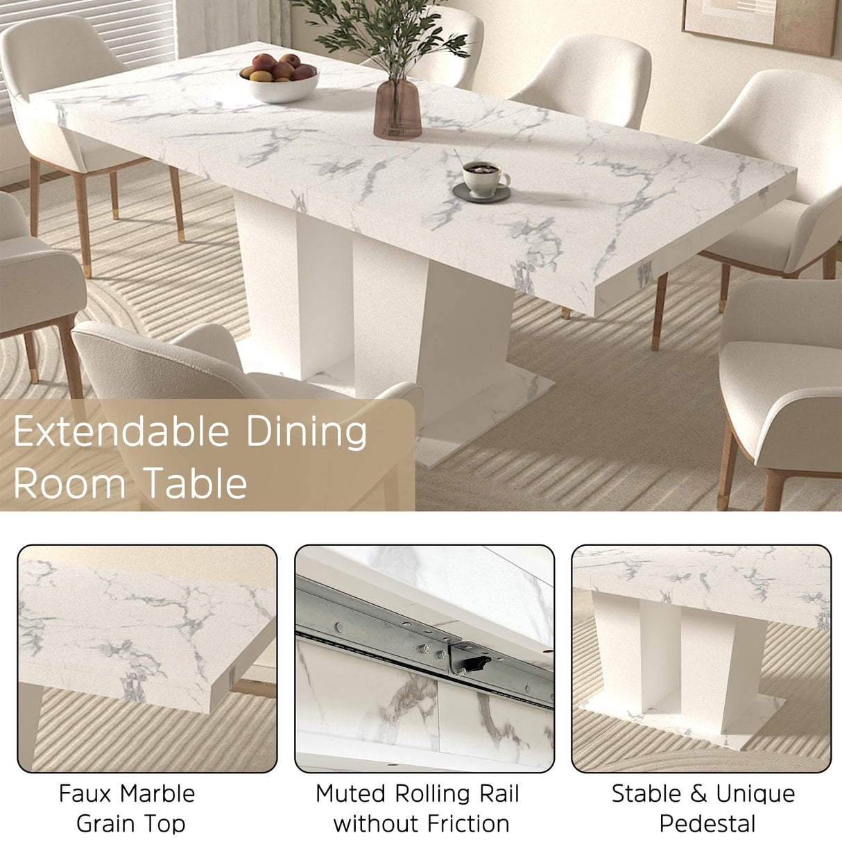 Henf 9 Pieces Extendable Dining Table Set for 8, 63"-79" White Marble Grain Extendable Kitchen Table Set w/8 Black Tufted Chairs,Mid-Century Modern Expandable Wood Dining Room Tables Set for 8 Henf