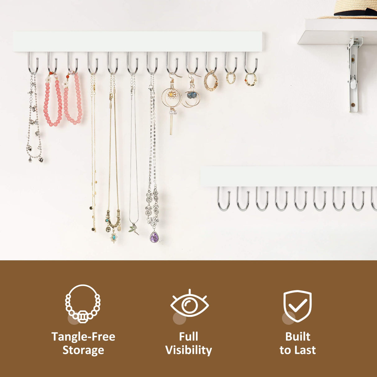 ZEDODIER 2 Pack Necklace Organizer Wall Mount, Wooden Jewelry Hanger Necklace Holder with 24 Hooks,Hanging Jewelry Organizer, White ZEDODIER