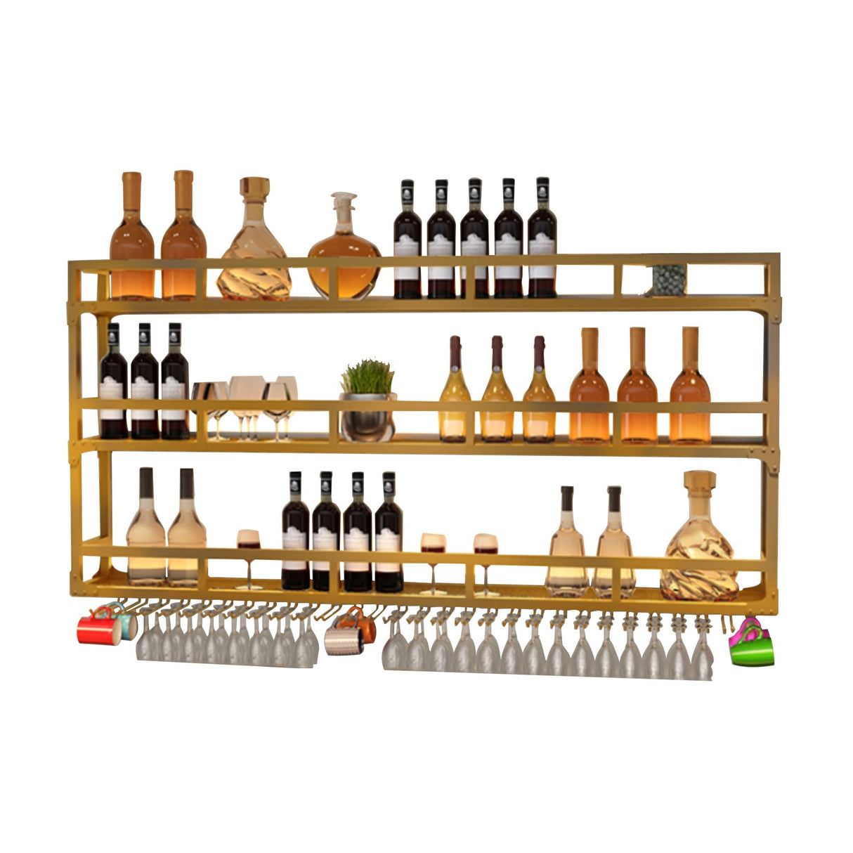 Wall Wine Rack Floating Bar Shelves Wall Mounted with LED Light Liquor Bottle Display Shelf with Hanging Wine Glass Rack Kitchen Wall Shelf Liquor Cabinet Bar Stand for Home Bar Cafe Restaurant(Gold,3 WXZXWXZX