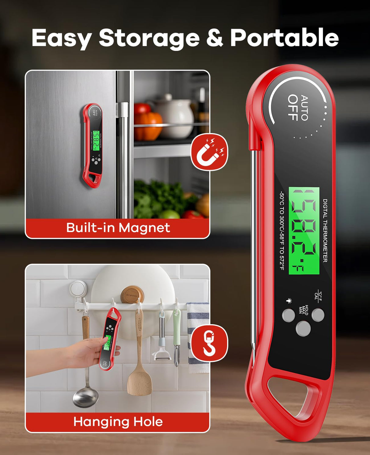 SILVLF Meat Thermometer Digital, Instant Read Thermometer with Backlight, Calibration & Hold Function, Waterproof Food Thermometer for Kitchen and Outside, BBQ, Turkey, Candy, Liquids, Beef (red) SILVLF