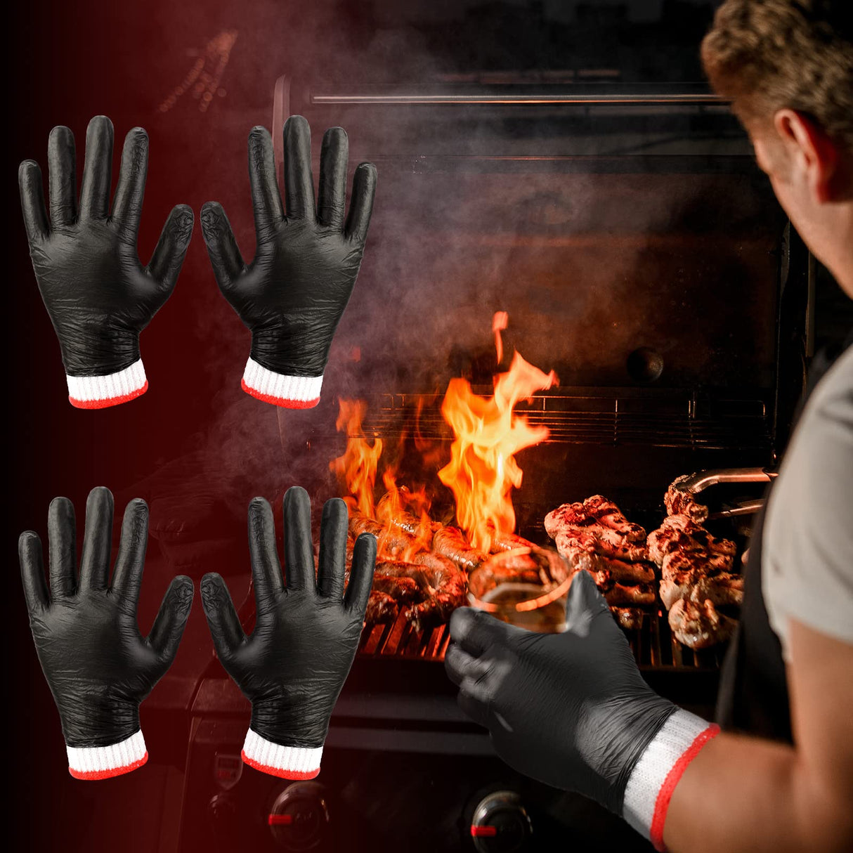 200 Pcs Disposable BBQ Gloves Nitrile Gloves with 4 Pairs Cotton Liners Grilling Gloves for Barbecue Smoking Meat Cooking(X-Large,Black, White) Janmercy