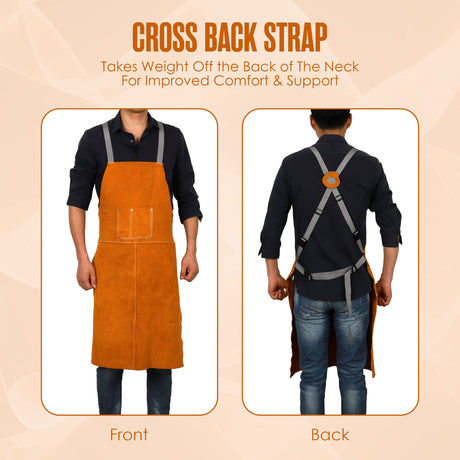 Houseables Leather Welding Apron, Fire Resistant Welder Smock, 23 x 35 Inch, Large, 2 Pockets, Kevlar Stitching, Safety Accessory For Blacksmithing, Carpentry, Torch Work, Roofing, Woodworking, Garage Houseables