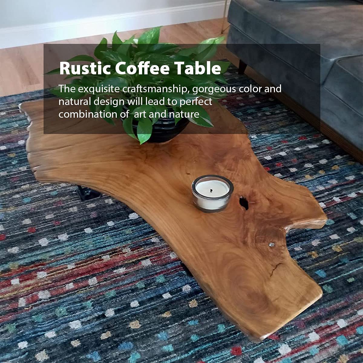 Hurrikom Natural Wood Coffee Table, Natural Wood Edge Contemporary Cocktail Table, Wood Tea Tables for Living Room with Metal Hairpin Legs,Wooden Flower Pot Holder Clear Lacquer Finish Hurrikom