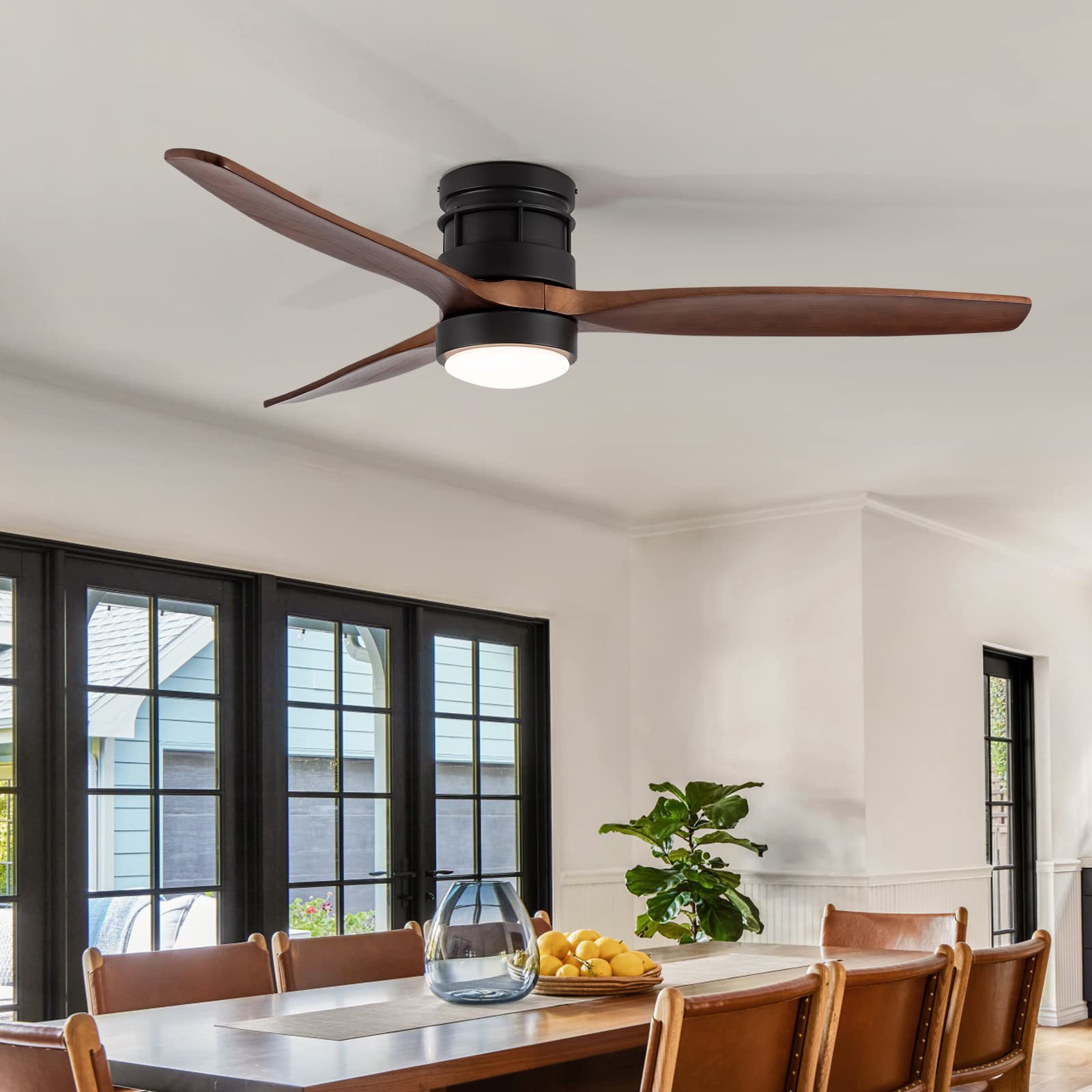 EKIZNSN 52 Inch Modern Outdoor Flush Mount Ceiling Fan with Lights Remote Control, Low Profile Wood Ceiling Fan with 3 Blades for Bedroom/Living Room, Matte Black - WoodArtSupply