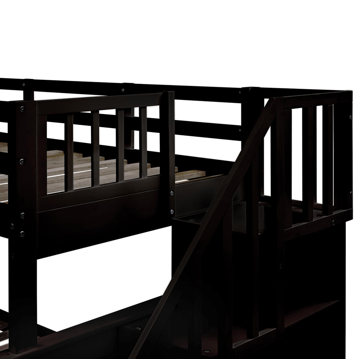Merax Twin-Over-Full Stairway Bunk Bed with Trundle, Storage Staircase and Full Length Guardrail, Solid Wood Storage Bunk Bed with Trundle, No Spring Box Needed (Espresso) Merax