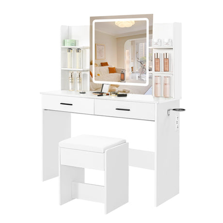 YIKEHOME Vanity with Lighted Mirror, Makeup Vanity Desk with Power Outlet, 3 Color Lights, Adjustable Brightness, Vanity Table with 6 Shelves, 2 Drawers and Stool, White YIKEHOME