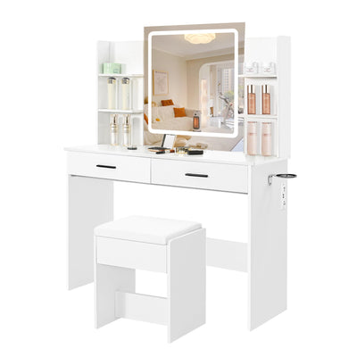 YIKEHOME Vanity with Lighted Mirror, Makeup Vanity Desk with Power Outlet, 3 Color Lights, Adjustable Brightness, Vanity Table with 6 Shelves, 2 Drawers and Stool, White