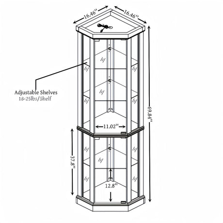 Lighted Corner Display Curio Cabinet Wooden Shelving Unit with Tempered Glass Door, Bar and Liquor Storage Area with 4 Shelves, Wine Cabinet CQSXDA