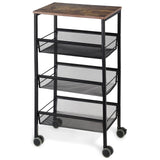 LIANTRAL Rustic Kitchen Storage Cart, 4 Tier Kitchen Cart on Wheels, Metal Mesh Storage Pantry Cart with Lockable Wheels, Wood Look Top and Metal Frame. LIANTRAL