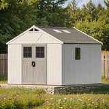 Patiowell 10x10 FT Outdoor Storage Shed, Plastic Shed with Floor and Skylight, Four-Window Resin Storage Shed with Lockable Door for Garden, Patio, Backyard, Beige Patiowell