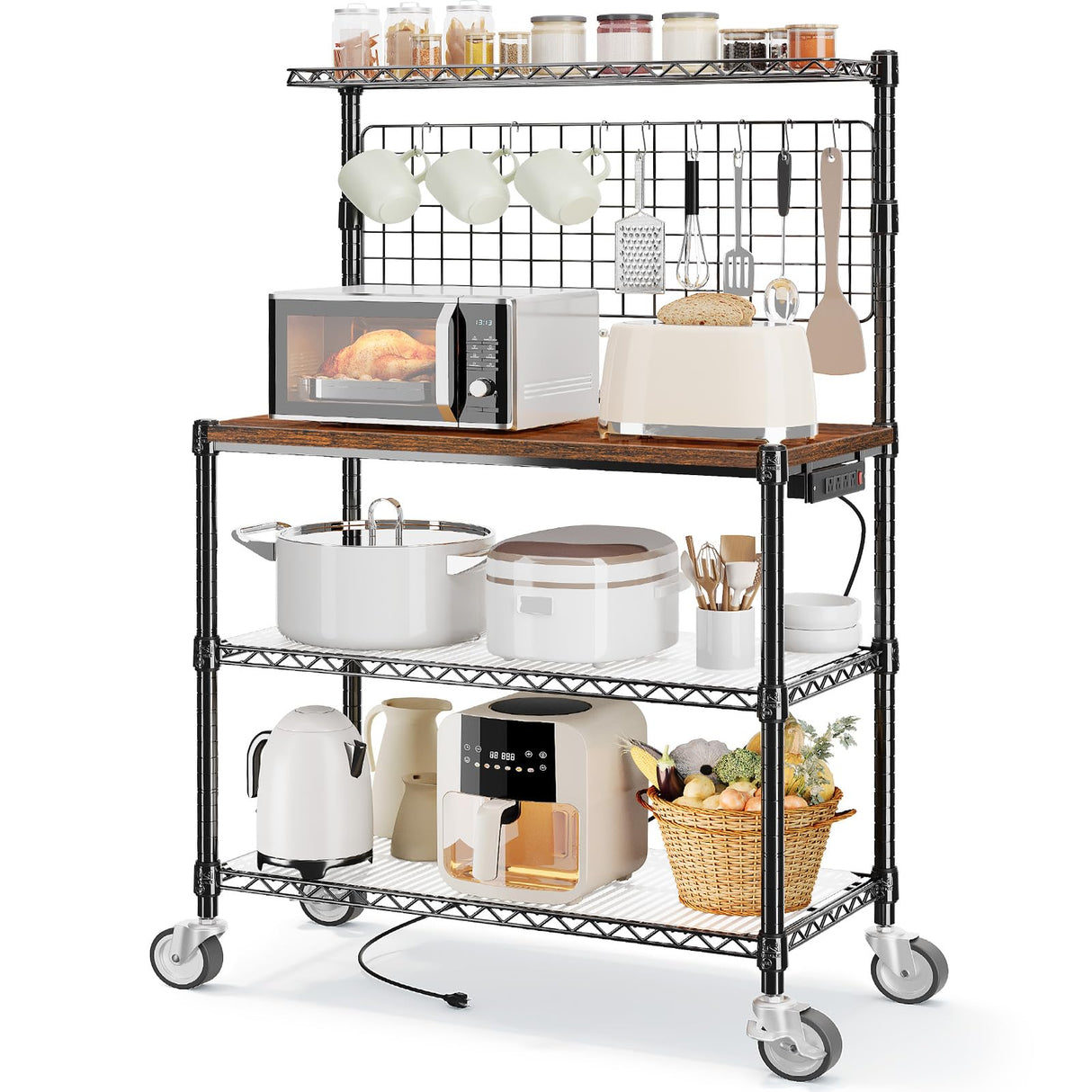 Leteuke Bakers Rack with Power Outlet & Storage, 36 Inch Microwave Stand Kitchen Cart, 4-Tier Metal Kitchen Shelves Cart with Wheels & 20 S-Hooks for Kitchen, NSF Certified, 63 x 18 x 36 Inch-Black Leteuke