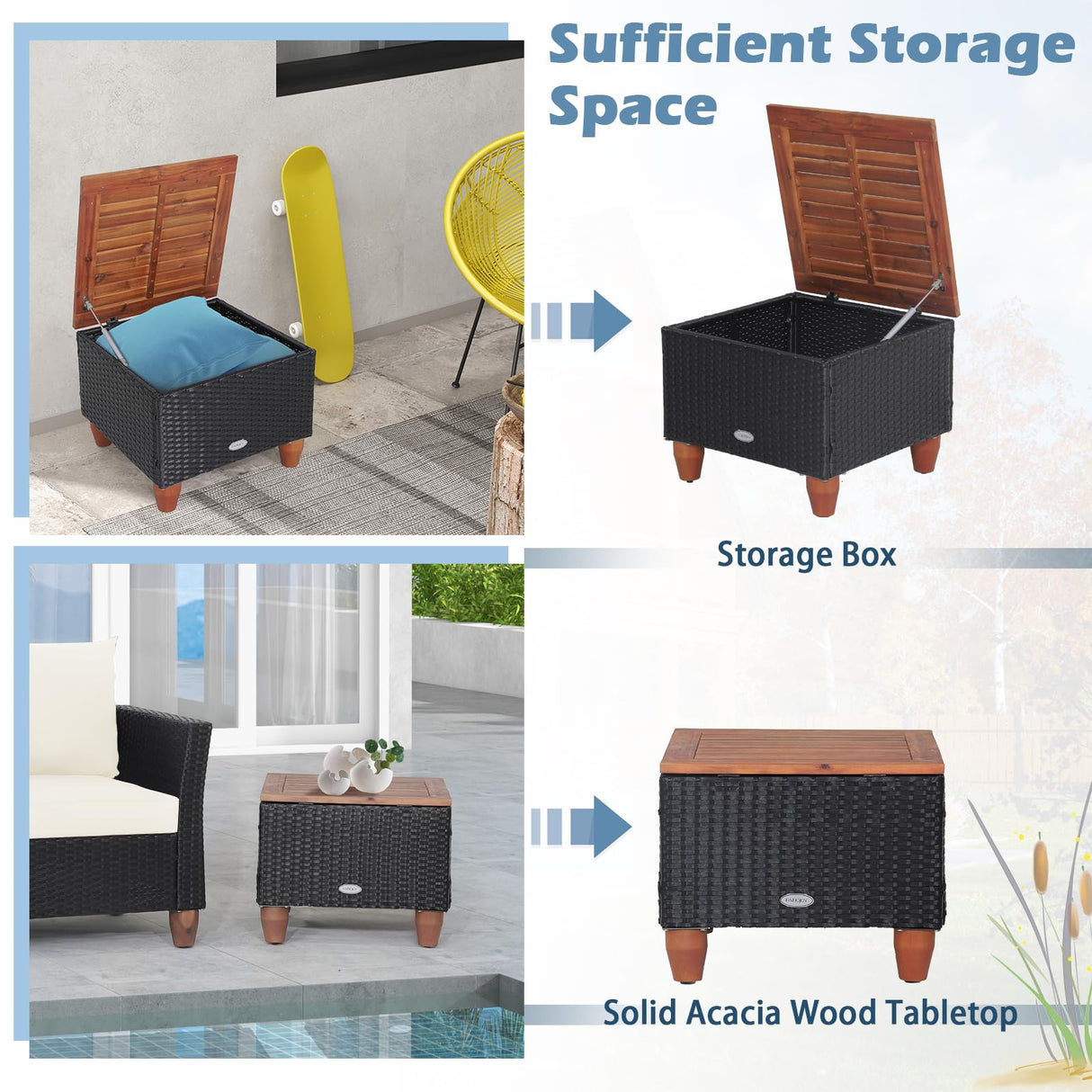 Tangkula 3 Pieces Patio Porch Furniture Set, PE Rattan Wicker Chair Conversation Set with Cushions and Storage Table, Outdoor Acacia Wood Bistro Set for Garden, Poolside (White) Tangkula