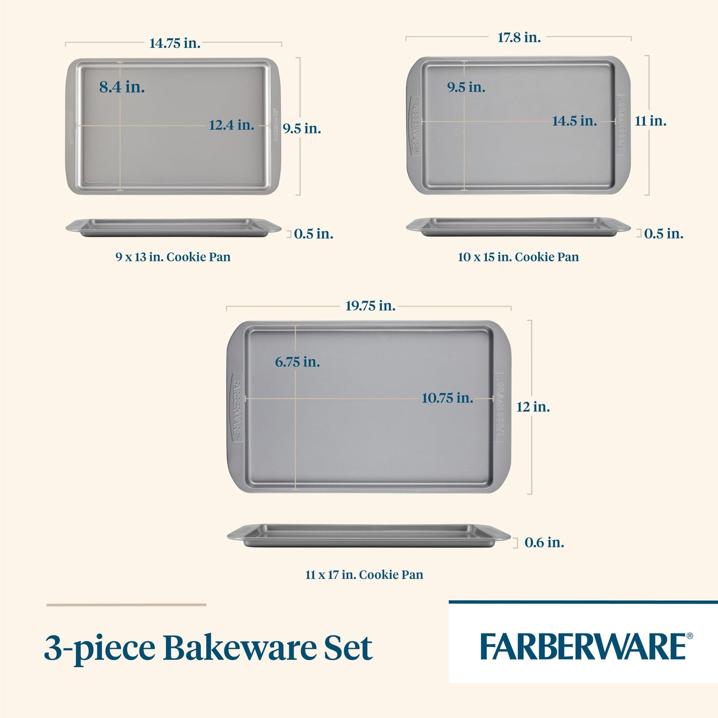 Farberware Bakeware Nonstick Cookie Baking Sheets, 3-Piece Set, Gray