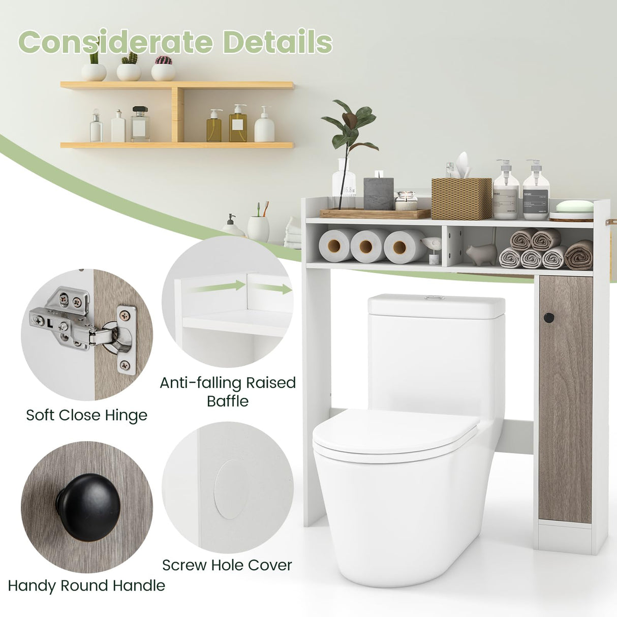 Giantex Over The Toilet Storage Cabinet, Freestanding Bathroom Organizer w/Single Door Cabinet & Open Shelves, Space-Saving Toilet Rack w/Adjustable Shelves for Laundry Room (White) Giantex