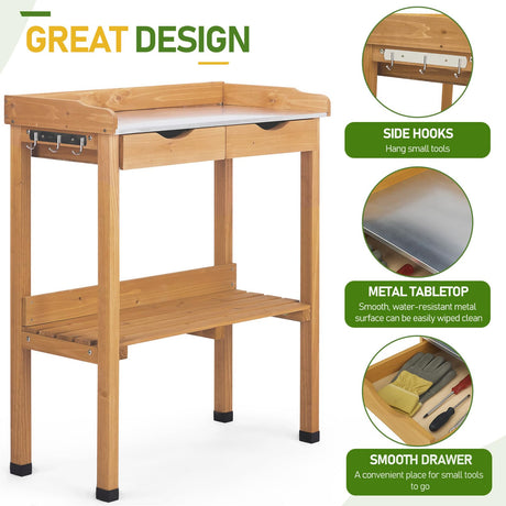 36.4" H Outdoor Potting Bench with Storage, Wooden Workstation Garden Potting Table with Metal Tabletop, 2 Drawers, Shelf and 3 Hooks, All-Weather Work Station for Garden, Patio & Lawns (Wood Color) BIVVI