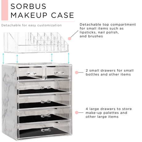 Sorbus Clear Cosmetic Makeup Organizer - Make Up & Jewelry Storage, Case & Display - Spacious Design - Great Holder for Dresser, Bathroom, Vanity & Countertop (4 Large, 2 Small Drawers - Marble Print) Sorbus