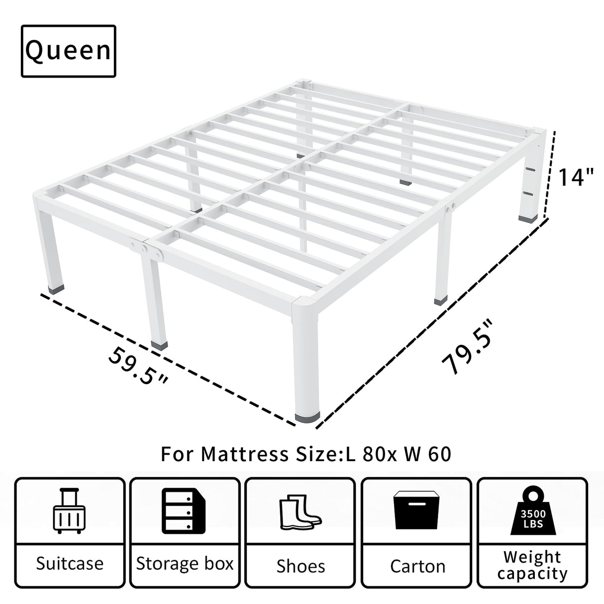 ROIL 14 Inch White Queen Bed Frame with Rounded Corner and Headboard Hole Mattress Retainers 3500LBS Heavy Duty Steel Slats No Box Spring Needed Platform Noise-Free Easy Assembly ROIL