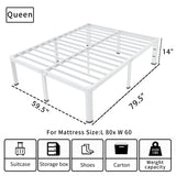 ROIL 14 Inch White Queen Bed Frame with Rounded Corner and Headboard Hole Mattress Retainers 3500LBS Heavy Duty Steel Slats No Box Spring Needed Platform Noise-Free Easy Assembly ROIL