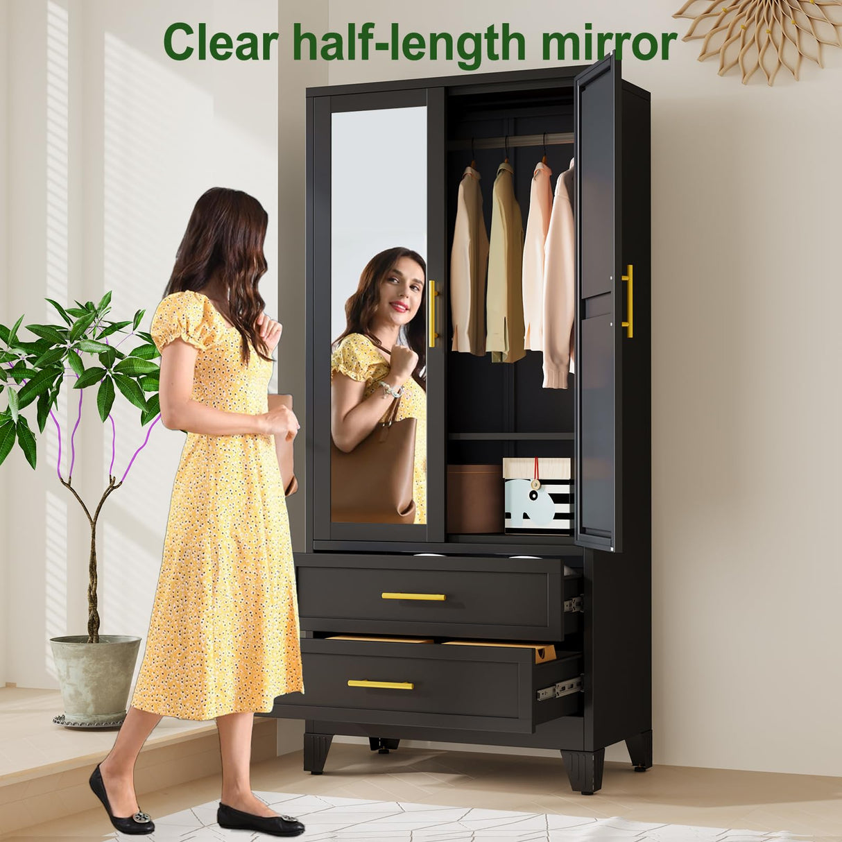 winiowa Metal Armoire Wardrobe Closet with 2 Drawers, 71" Wardrobe Cabinet with Adjustable Shelves and Hanging Rod, Clothing Storage Cabinet Closet with Mirror for Bedroom-Black winiowa