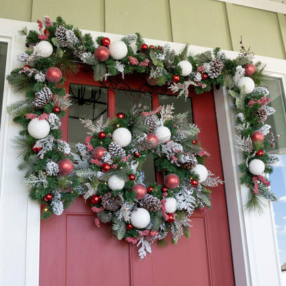 [30 Inch Artificial Christmas Wreath] - Frosted Wonderland Collection - Red White Decoration - Pre Lit with 50 Candy Cane Colored LED Mini Lights - includes Remote Controlled Battery Powered Timer