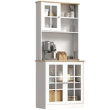HOMCOM Kitchen Pantry Storage Cabinet, 72" Freestanding Cabinet with Hutch, Large Countertop, Glass Doors and Adjustable Shelves for Dining Room, Pure White HOMCOM