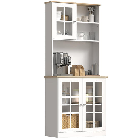 HOMCOM Kitchen Pantry Storage Cabinet, 72" Freestanding Cabinet with Hutch, Large Countertop, Glass Doors and Adjustable Shelves for Dining Room, Pure White HOMCOM