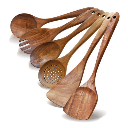 Wooden Spoon Set-6 Piece Wooden Cutlery-Daily Wooden Cutlery Cooking Spoon-Natural Teak Kitchen Set-Teak Cooking Utensils with Smooth Non-Stick Surface-For use in the kitchen when cooking