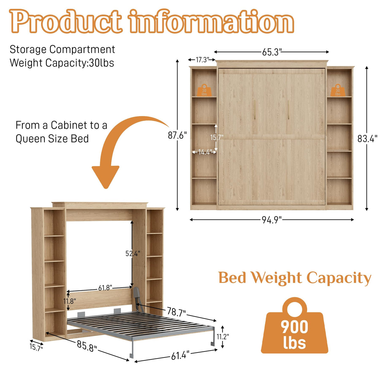 Queen Murphy Bed with Storage Bookcase & 4 Adjustable Shelves,Foldable Space-Saving Queen Wood Wall Bedframe with Metal Legs,Hidden Bedframe for Guest Room,Study,Home,Office,Bedroom,Natural Wood Color BEQAI