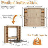 Queen Murphy Bed with Storage Bookcase & 4 Adjustable Shelves,Foldable Space-Saving Queen Wood Wall Bedframe with Metal Legs,Hidden Bedframe for Guest Room,Study,Home,Office,Bedroom,Natural Wood Color BEQAI